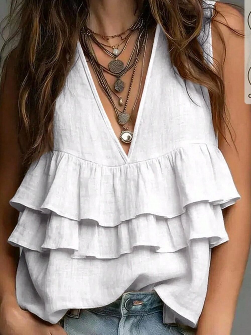 White Casual Women's Tank Elegant ruffled Tank Top